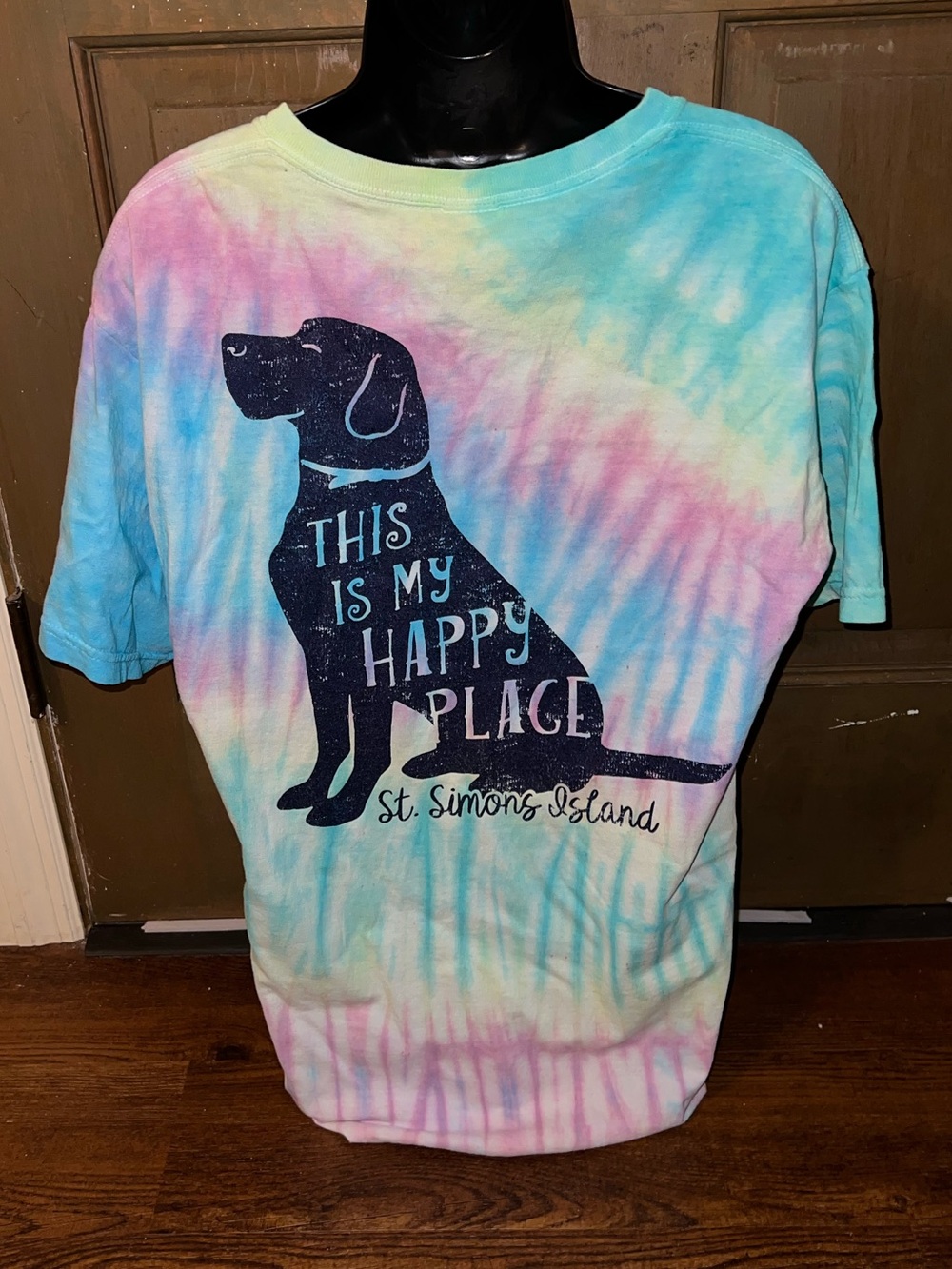 St Simons Island Tie Dye Graphic Dog Print Pink, Green & Blue T-Shirt Size L - Picture 8 of 9